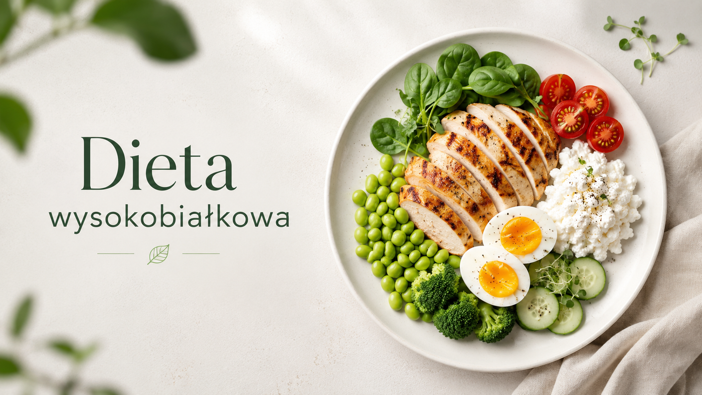 talerz ze zdrowym jedzeniem i tytuł Dieta Wysokobiałkowa
