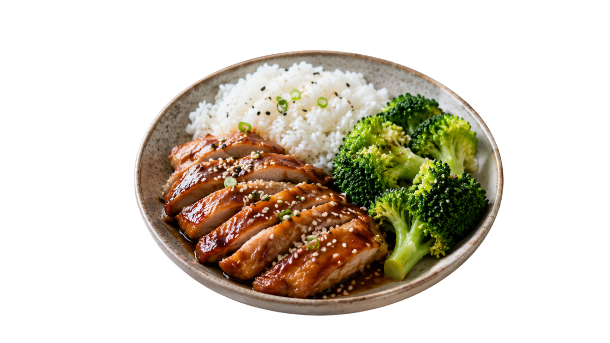 Kurczak teriyaki z ryżem i brokułami