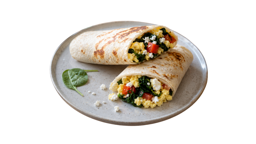 Tortilla z jajkami, szpinakiem i fetą